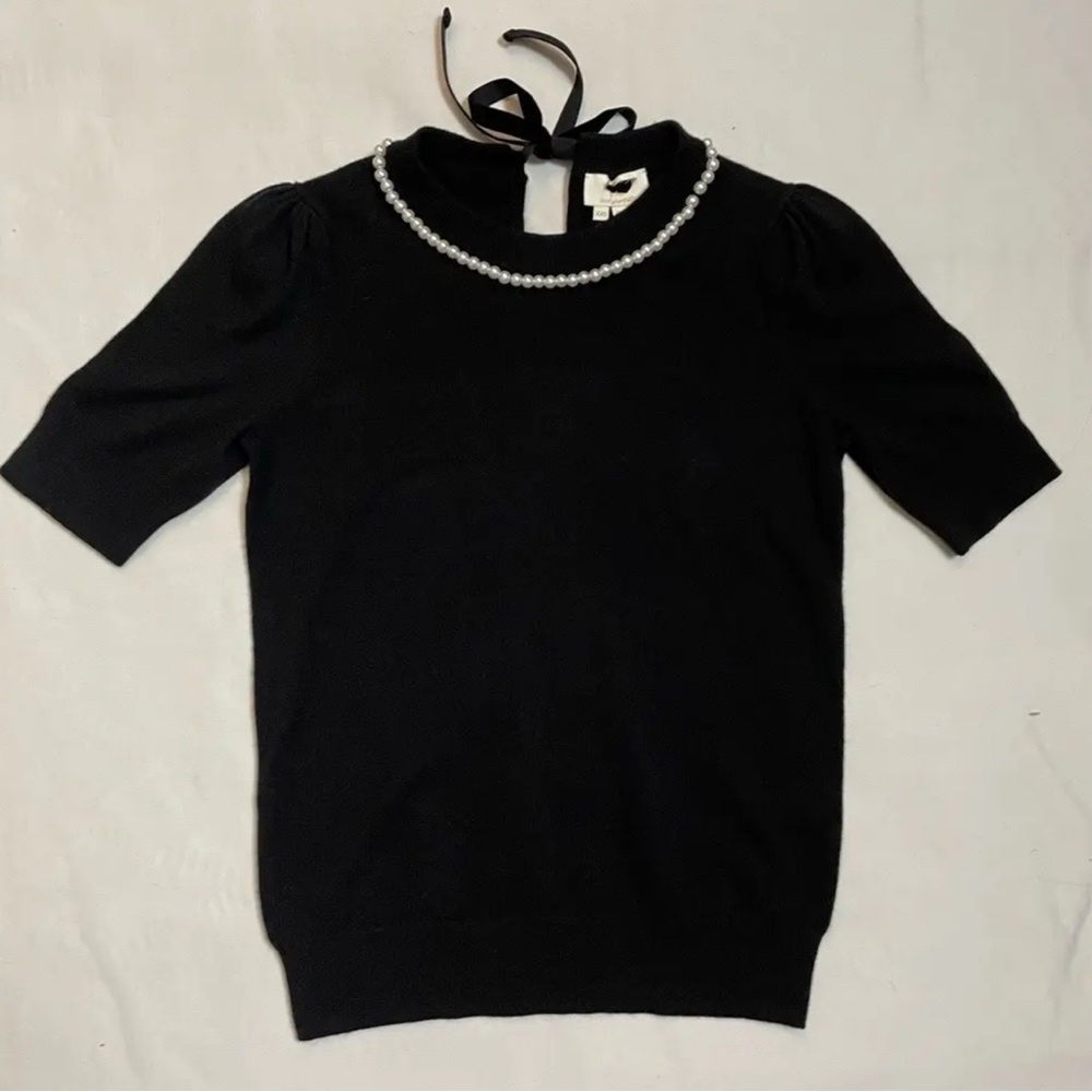 Kate Spade Black Pearl-Embellished Short-Sleeve Sweater Size- Xlarge